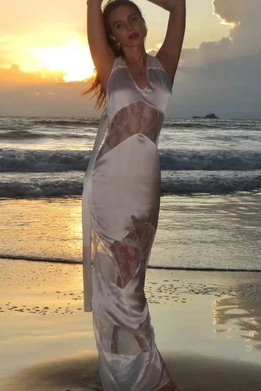Hollow Lace Sleeveless Lace-Up V-Neck Maxi Dress
