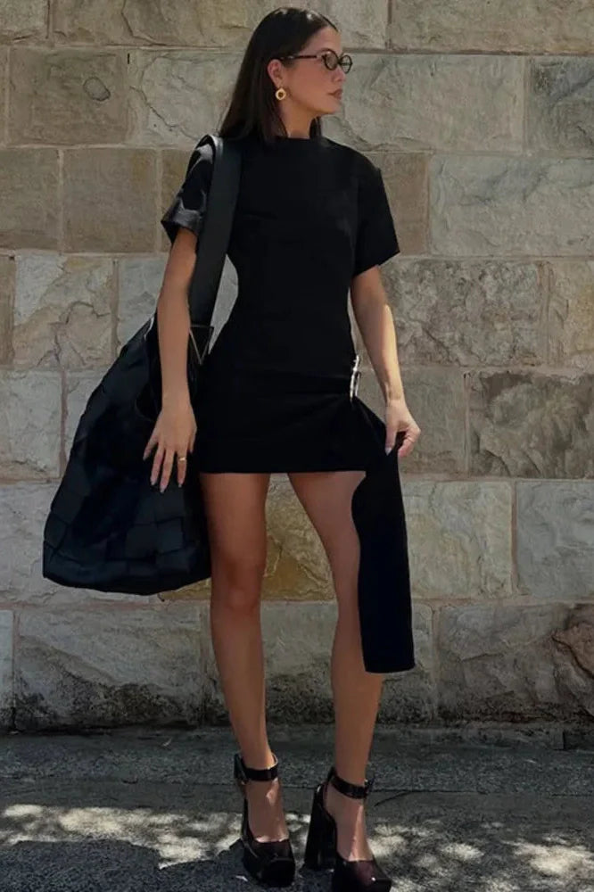 Short Sleeve Metal Buckle O Neck Bodycon Mini Dress