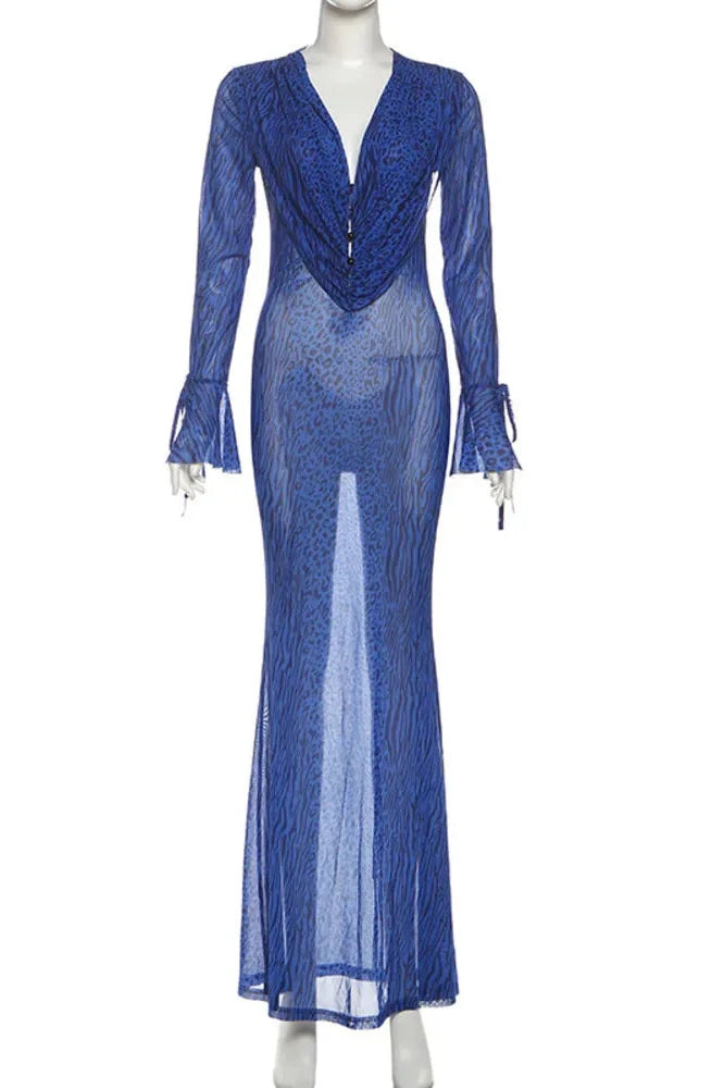 Deep V Neck Long Sleeve Printed See Through Maxi Dress