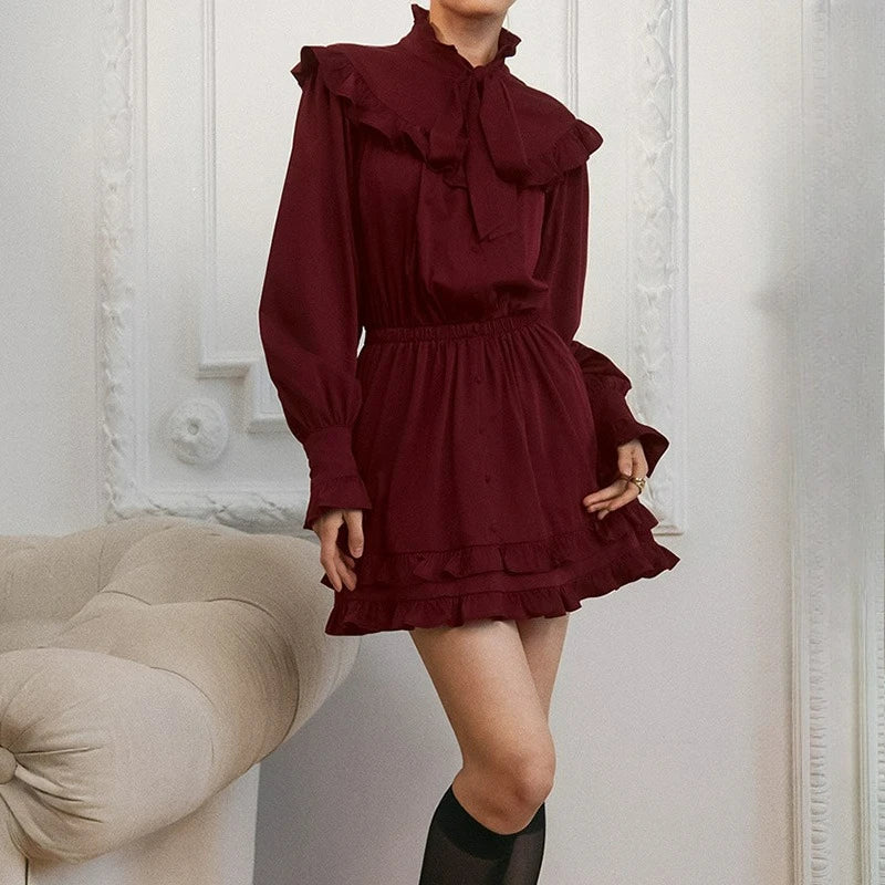Lace Up Button Patchwork Elegant Mini Dress