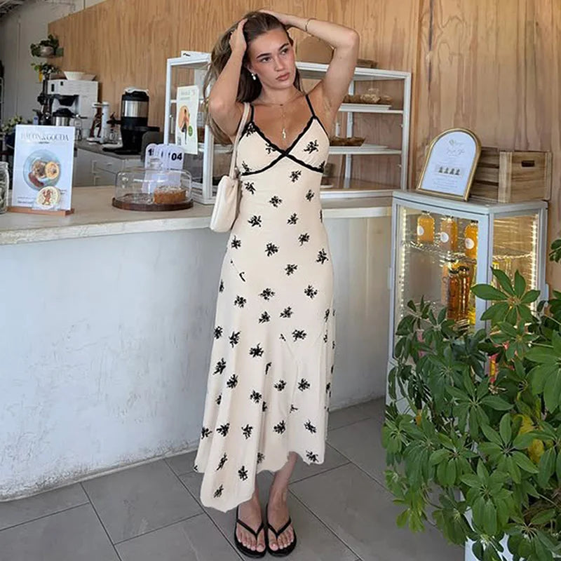 Lace Printed V Neck Spaghetti Strap Slim Midi Dress