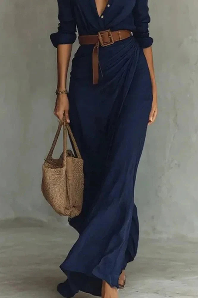 Elegant Long Sleeve High Waist Single Breasted Maxi Dress