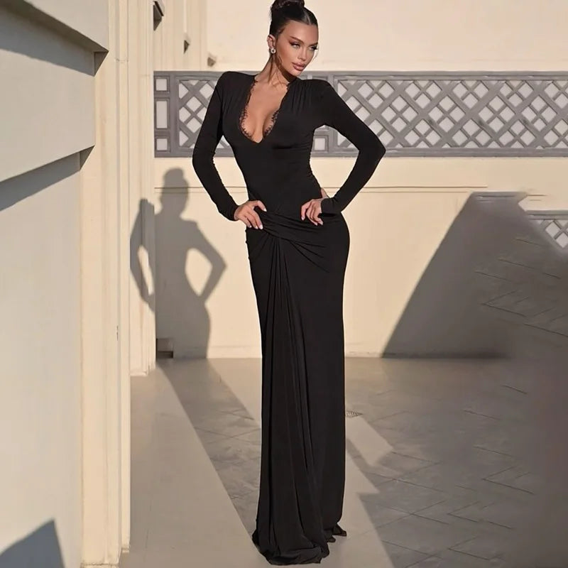 V-Neck Lace Patchwork Elegant Maxi Dress