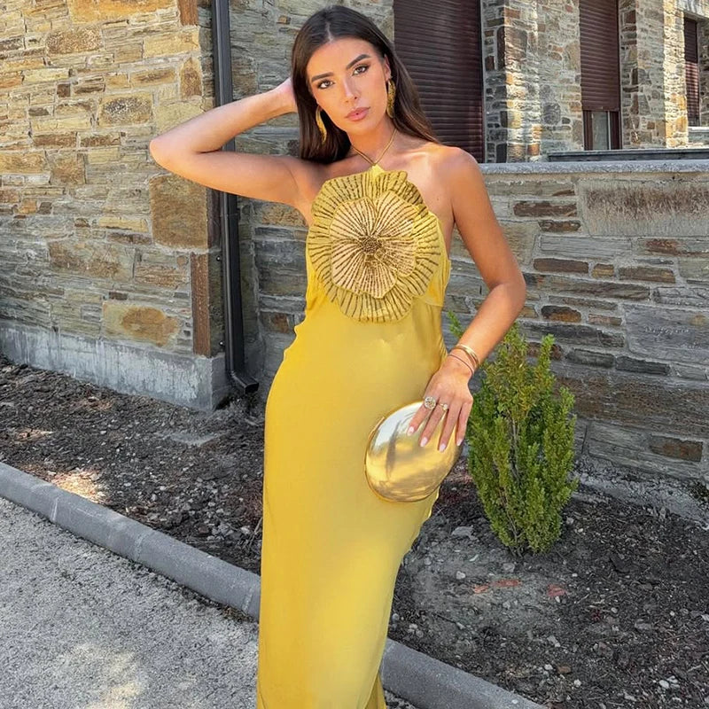 V Neck Diamond Flower Backless Maxi Dress