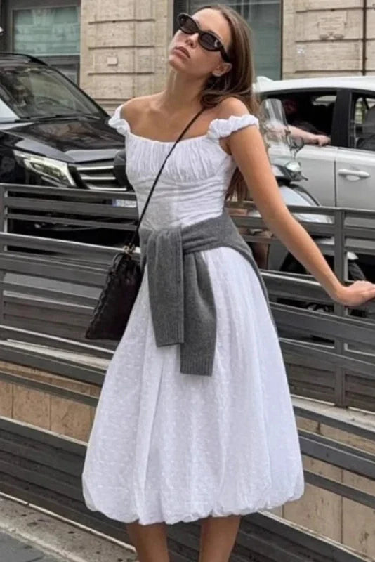 Hollow Embroidery Off-Shoulder Slim Midi Dress
