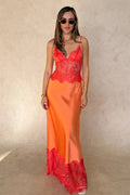 Hollow-Out Lace Deep V-Neck Backless Slim Straps Maxi Dress