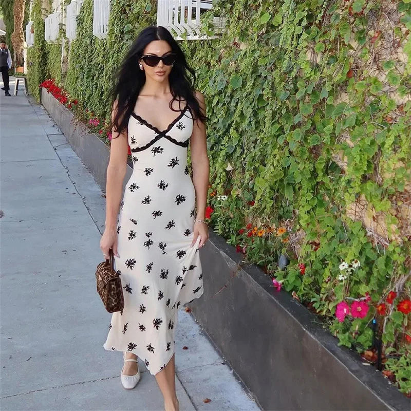 Lace Print Spaghetti Strap Slim Midi Dress