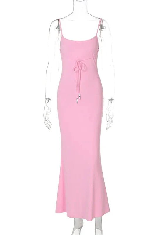 Spaghetti Strap Backless Slim Sleeveless High Waist Midi Dress
