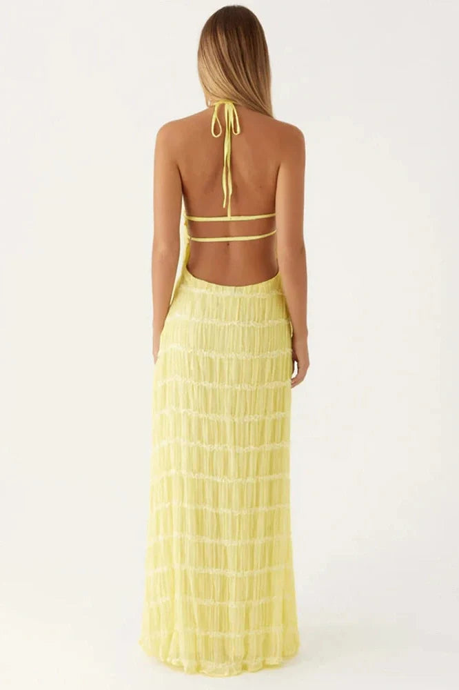 Backless Lace-up Sleeveless Pleated Maxi Dress