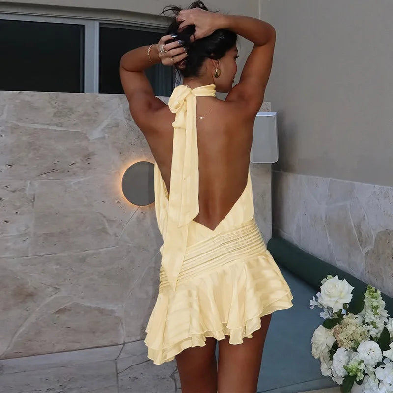 Backless Lace Up Sleeveless Pleated Mini Dress