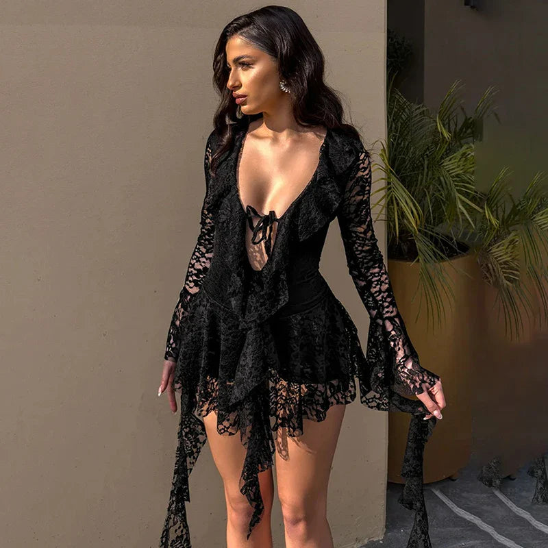 See-Through Lace Long Sleeve V-Neck Mini Dress