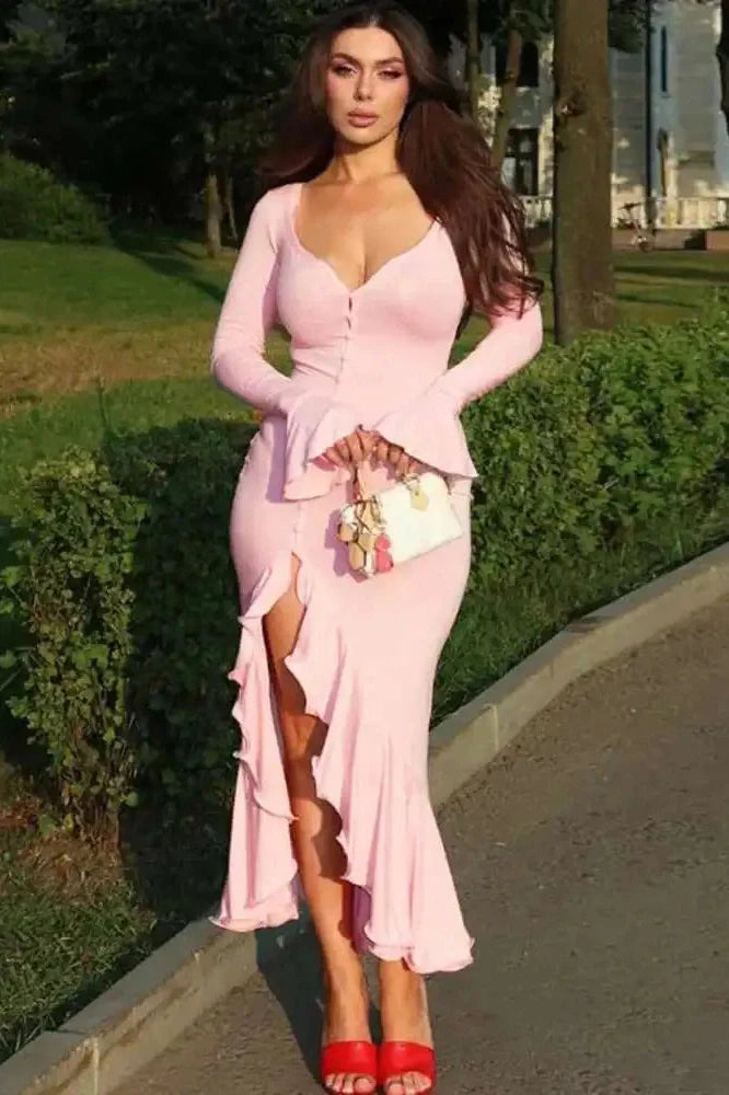 Long Sleeve V Neck Single-Breasted High Waist Maxi Dress
