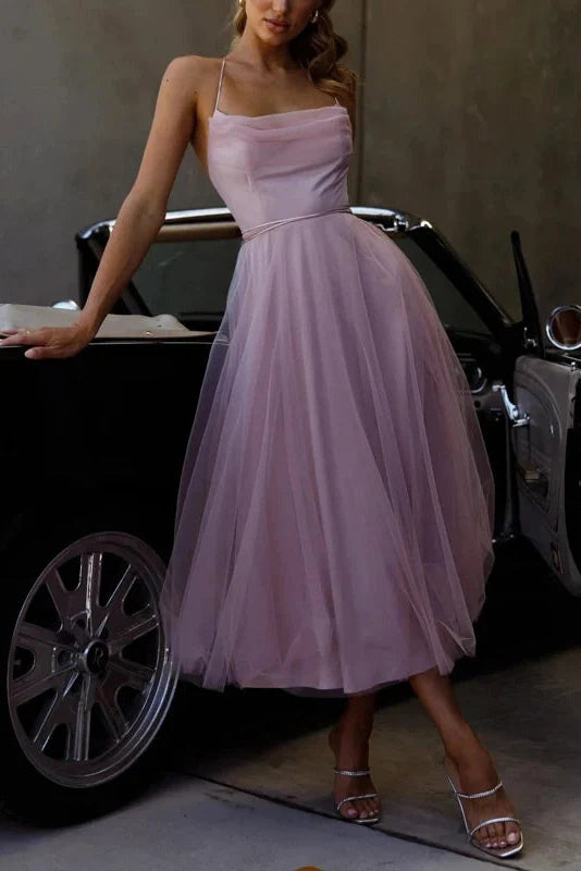 Backless Sleeveless Pleated High Waist Midi Dress
