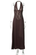 Hollow-Out Lace Patchwork Deep V-Neck Maxi Dress