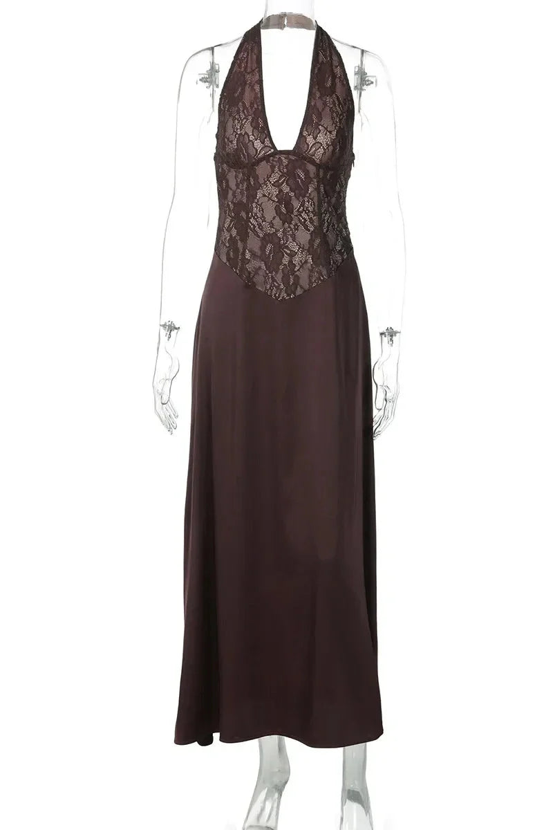 Hollow-Out Lace Patchwork Deep V-Neck Maxi Dress
