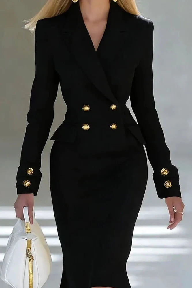 Elegant Long Sleeve V-Neck High Waist Slim Midi Dress