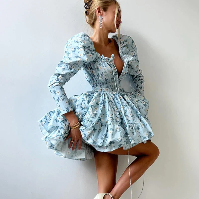 Printed Lace Up V-Neck Long Sleeve Elegant A-Line Mini Dress
