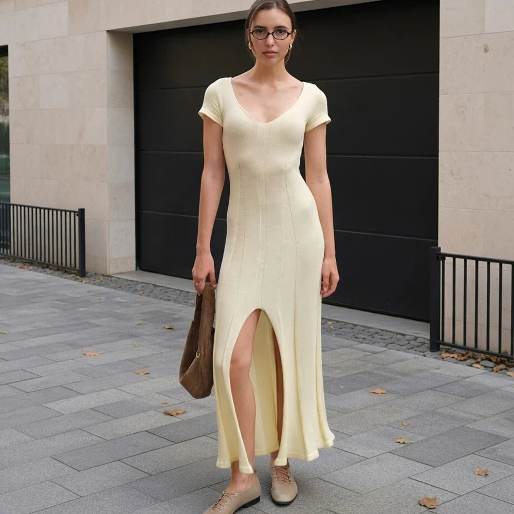 Elegant V-Neck Split Patchwork Maxi Dress