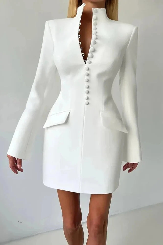 Long Sleeve Single-Breasted Turtleneck Mini Dress