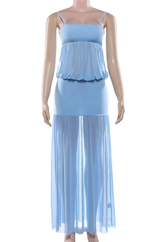 See-Through Patchwork Spaghetti Straps Maxi Dress