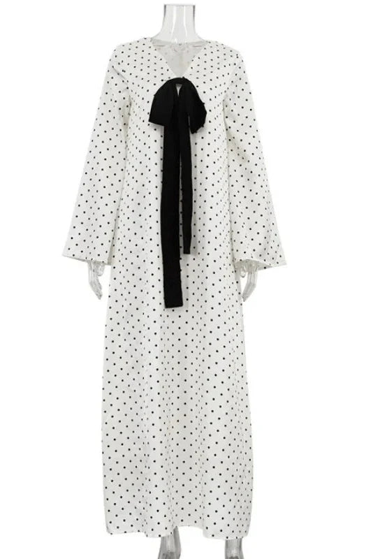 V-Neck Print Polka Dots Long Sleeves Loose Maxi Dress