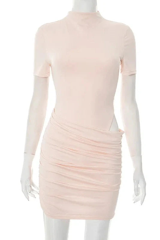 Hollow Out Short Sleeve High Collar Mini Dress
