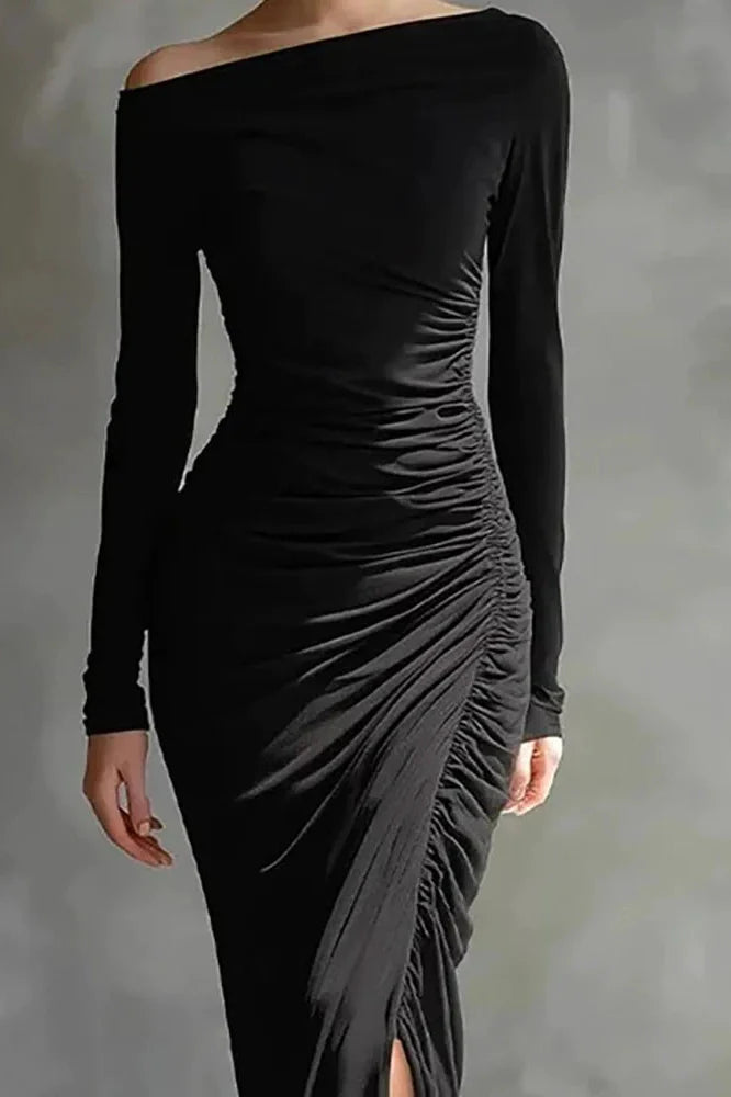Elegant High Waist Split Long Sleeve Slash Collar Maxi Dress