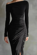 Elegant High Waist Split Long Sleeve Slash Collar Maxi Dress
