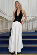 V Neck Backless Patchwork Sleeveless High Waist Maxi Dress