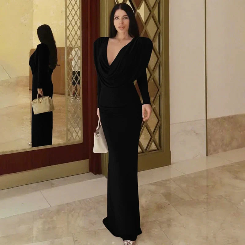 Deep V-Neck See-Through Long Sleeve Maxi Dress