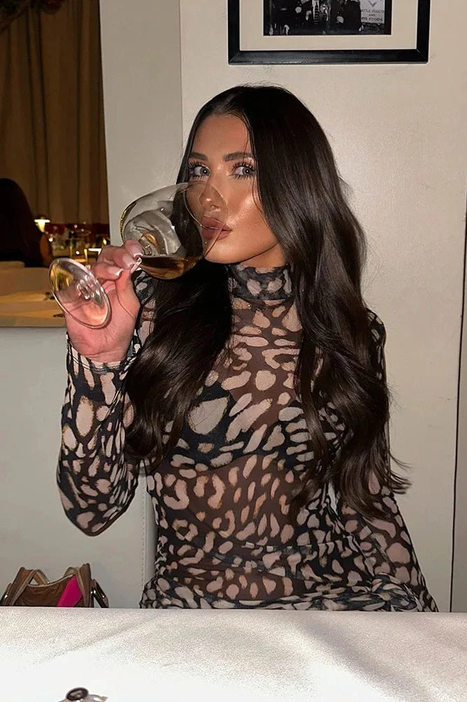 Leopard Print Turtleneck High Waist Mini Dress