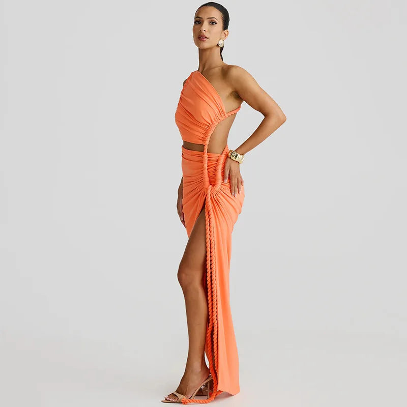 One-Shoulder Strap Backless High Split Maxi Dress