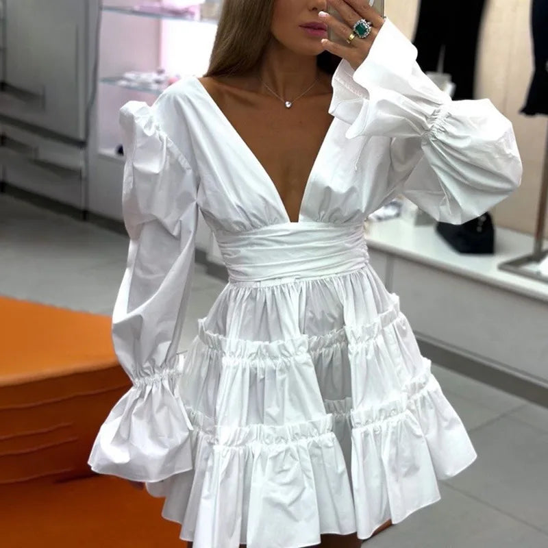 V Neck Lace Up High Waist A-Line Long Sleeve Mini Dress