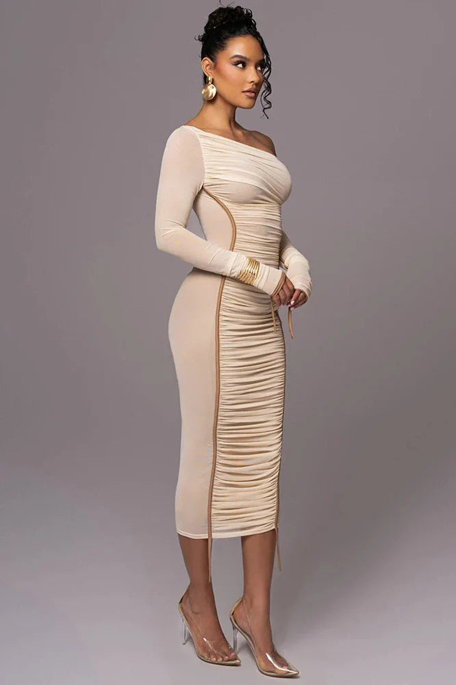 Diagonal Collar Long Sleeve Backless Midi Dress