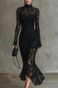 Lace Embroidery Slim Turtleneck Irregular Maxi Dress