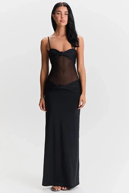 Elegant Spaghetti Strap Backless See-Through Maxi Dress