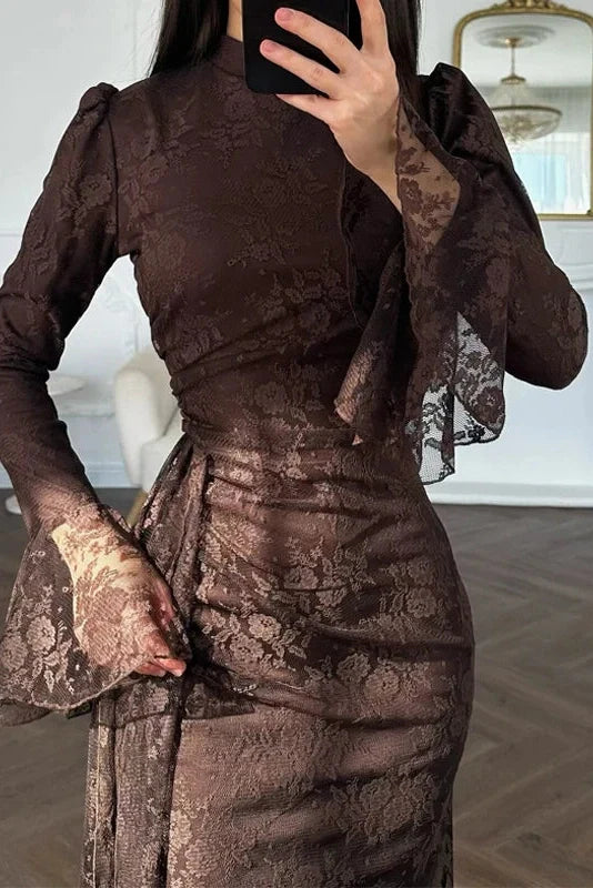 Pleated Lace Slim High Waist Maxi Dress