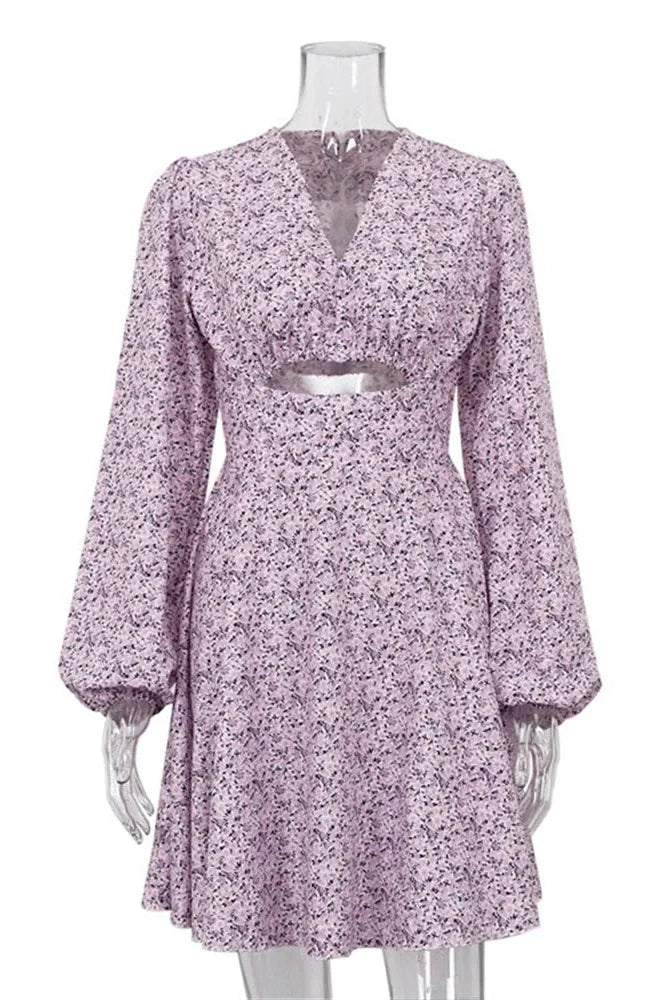 Hollow Out V-Neck Printed Long Sleeve Patchwork Mini Dress