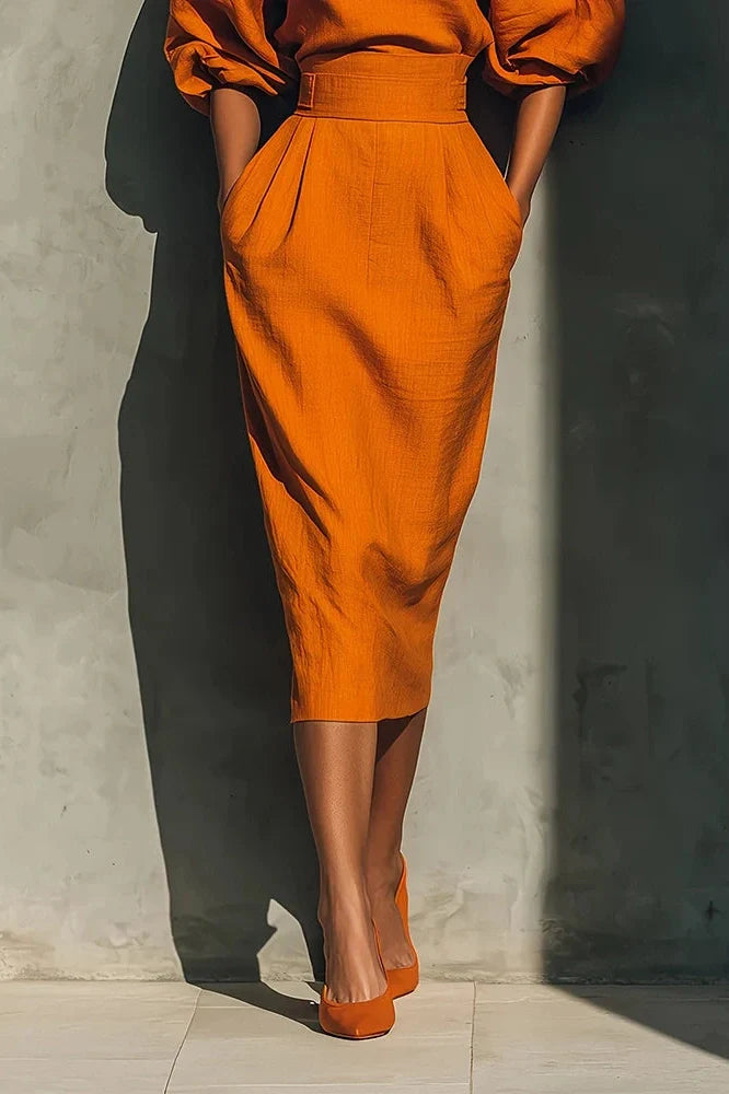Elegant A-Line O-Neck Lantern Sleeve High Waist Pleated Midi Dress
