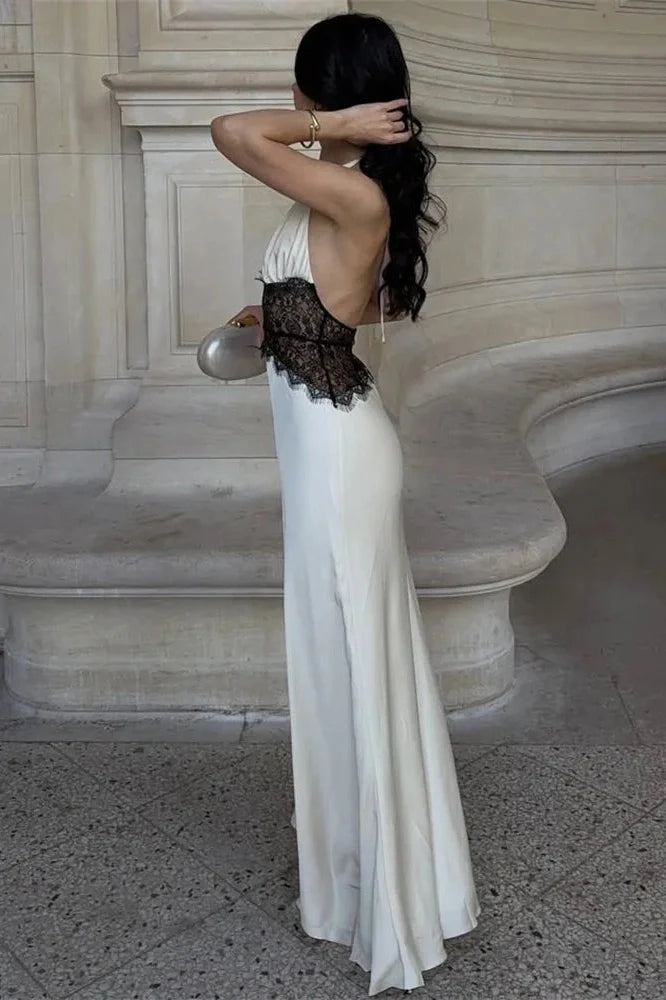 Hollow Out Lace V-Neck Backless High Waist Slim Maxi Dress