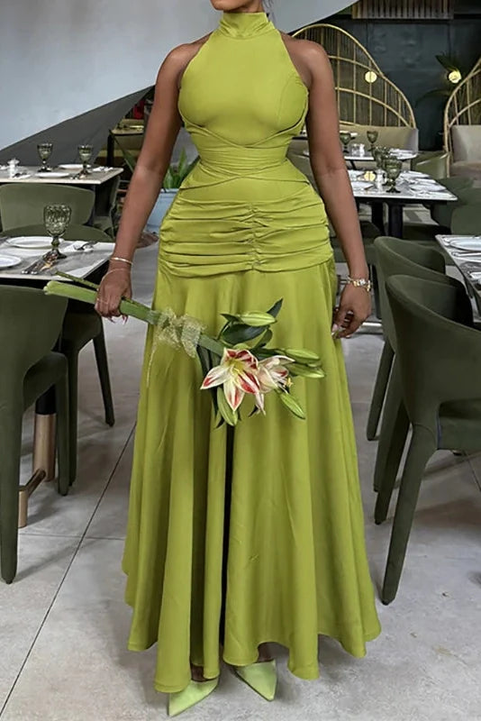 Hollow Out High Waist Lace Up Sleeveless Pleated Maxi Dress