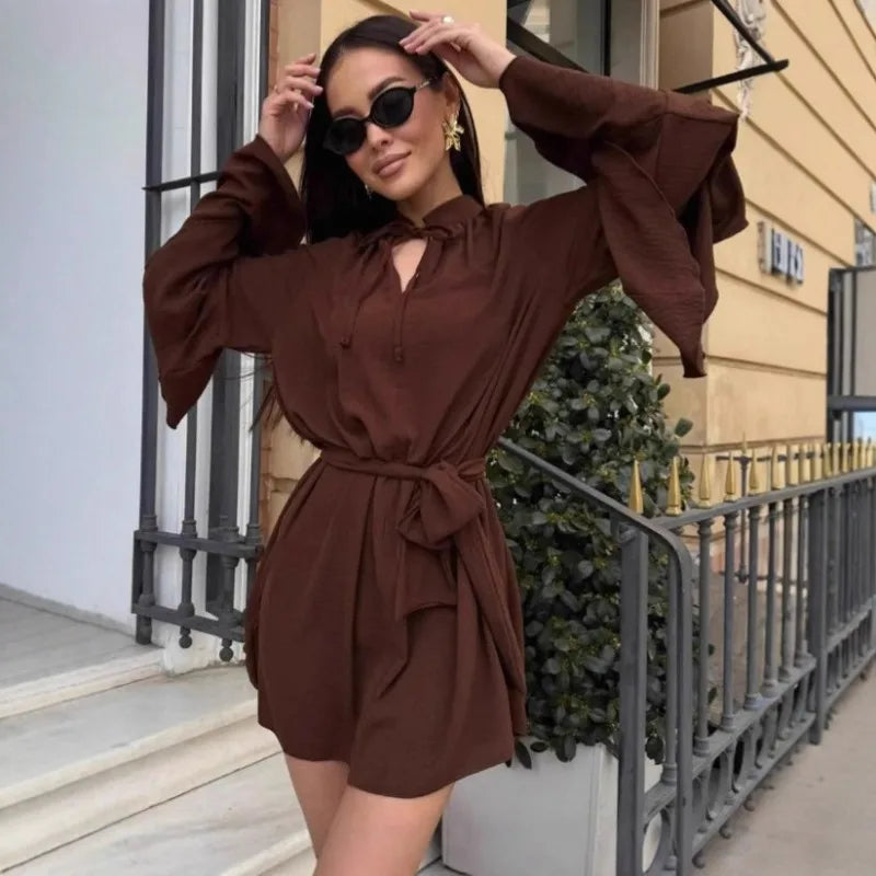Elegant V-Neck Lace Up Pleated Mini Dress