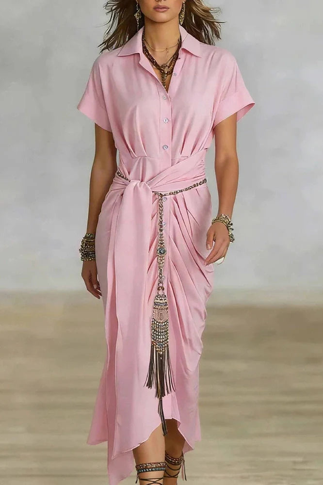 Elegant Pleated Lace Up Short Sleeve Midi Dress