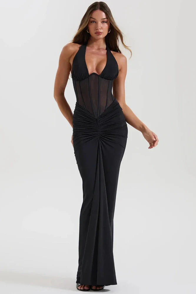 Backless V Neck Off-Shoulder Sleeveless Bodycon Maxi Dress