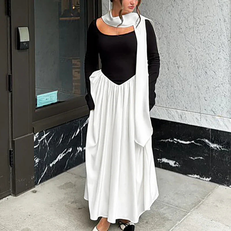 Patchwork Scarf Ribbon Round Neck A-Line Maxi Dress