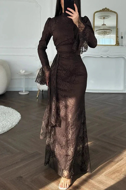 Pleated Lace Slim High Waist Maxi Dress