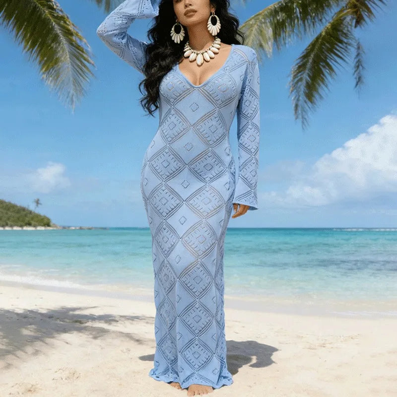 Elegant V-Neck Hollow Out See Through Maxi Dress