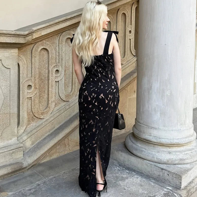 Patchwork Lace-Up Backless Maxi Dress