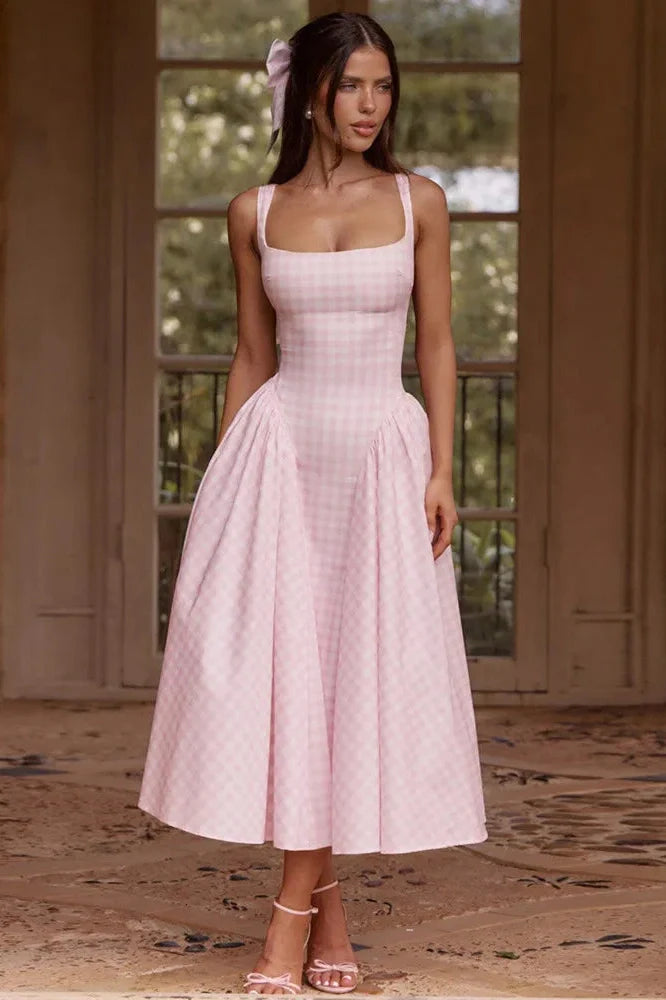 Plaid Printed Spaghetti Strap High Waist A-line Backless Midi Dress
