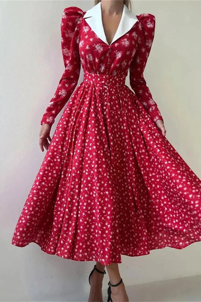 Printed V-Neck Patchwork Long Sleeve High Waist Midi Dress